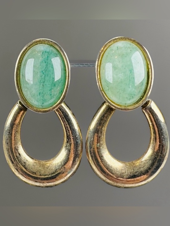 (image for) Vintage Aged Goldtone Green Door Knocker Pierced Earrings